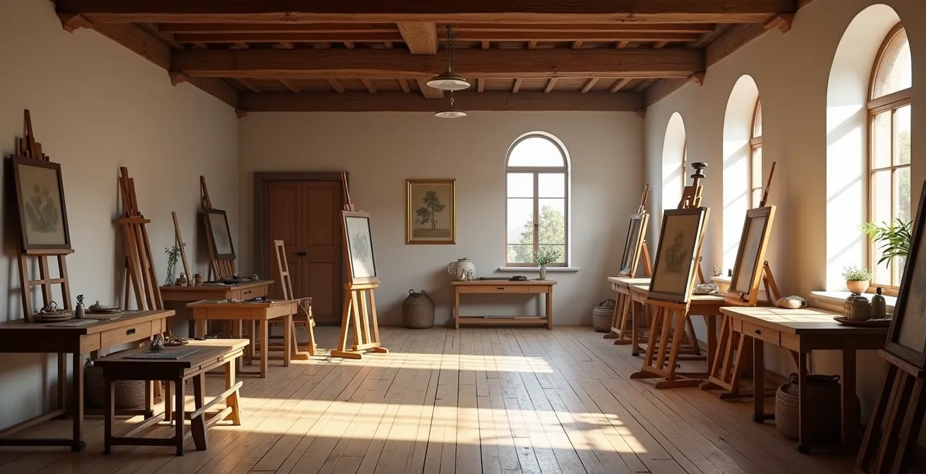 Vue large d'un atelier d'artiste historique avec plusieurs chevalets et toiles en cours de réalisation
