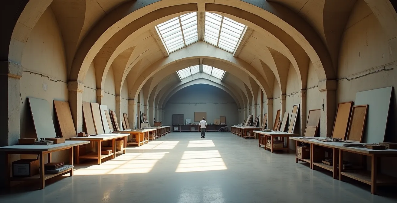 Vue d'ensemble d'un atelier de restauration au Viaduc des Arts à Paris