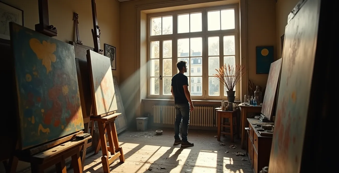 Intérieur d'un atelier d'artiste contemporain à Montmartre avec vue sur les toits de Paris