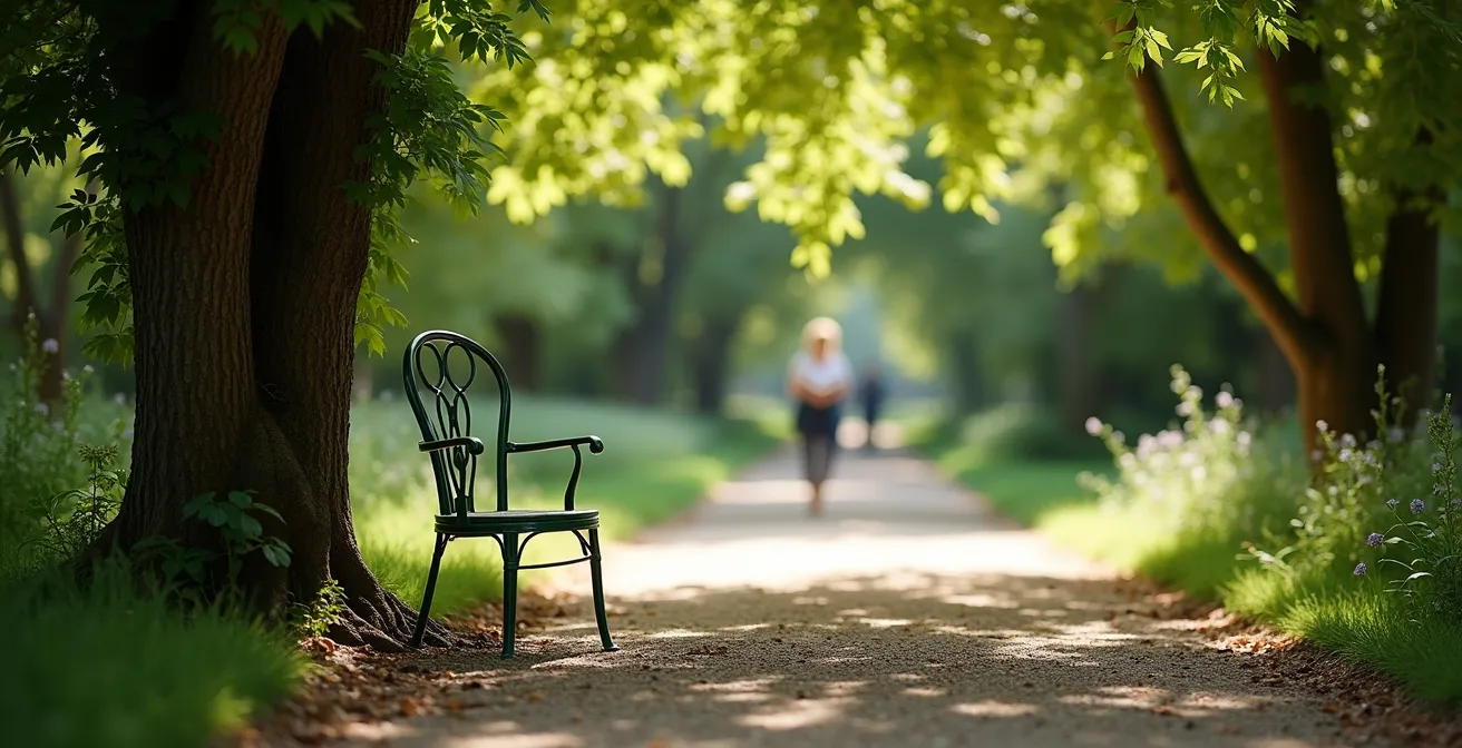 Coin tranquille et ombragé d'un bosquet des Tuileries avec bancs vides et lumière filtrée