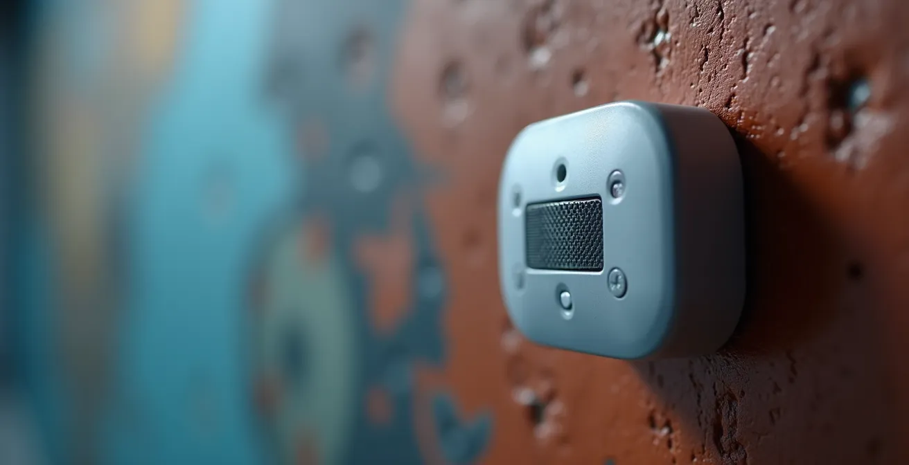 Gros plan sur un capteur environnemental moderne fixé discrètement sur un mur de musée