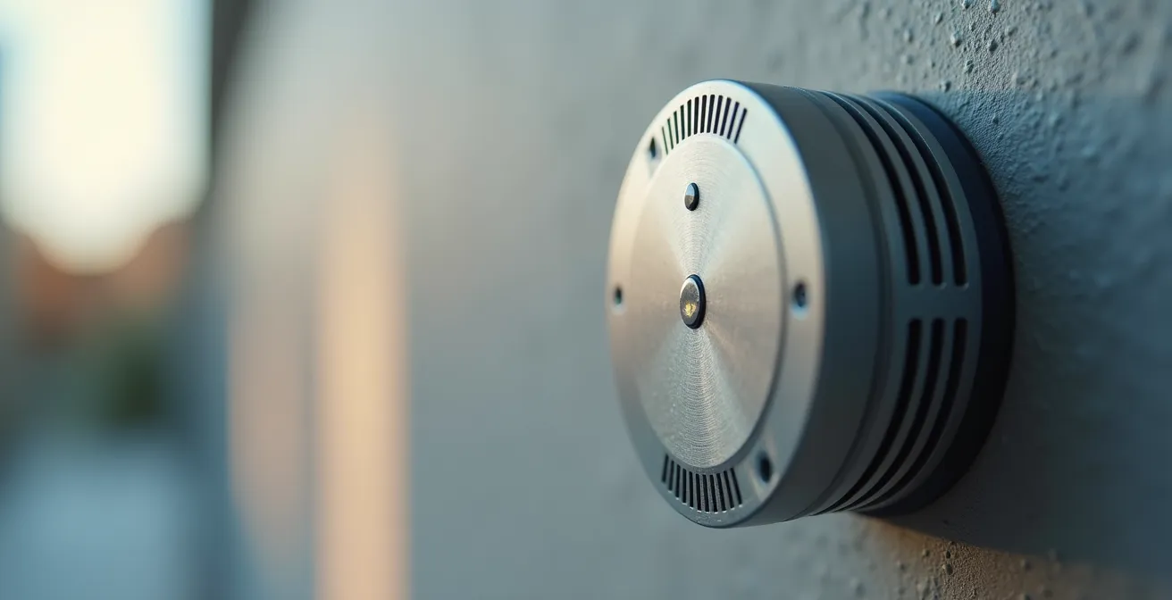 Détail macro d'un capteur de surveillance climatique discret installé dans un musée parisien