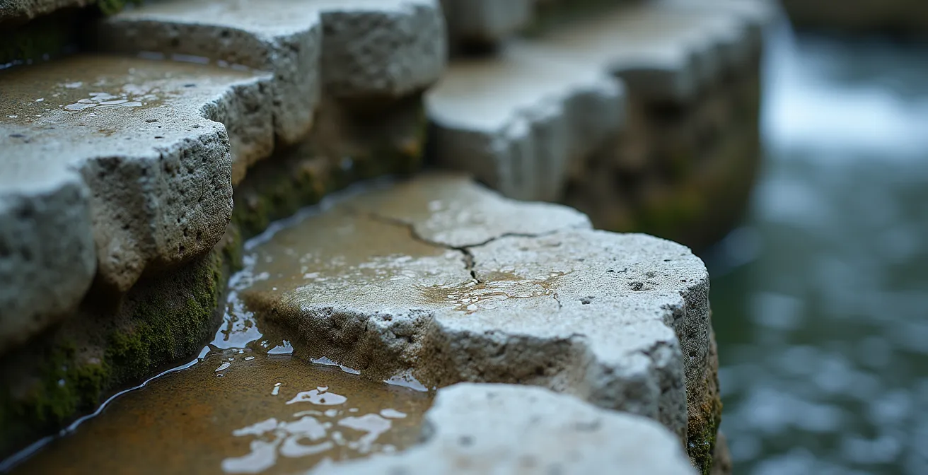 Gros plan sur les détails de rocaille artificielle de la cascade des Buttes-Chaumont