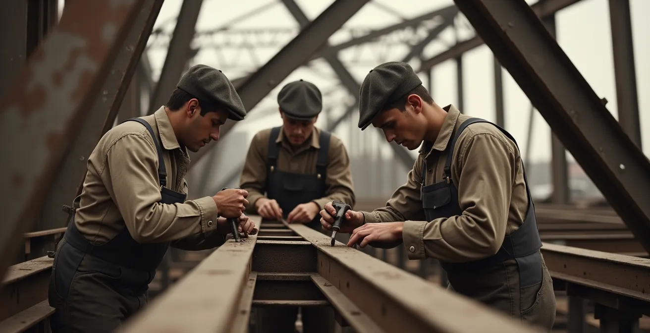 Ouvriers travaillant sur les poutrelles métalliques de la Tour Eiffel en construction
