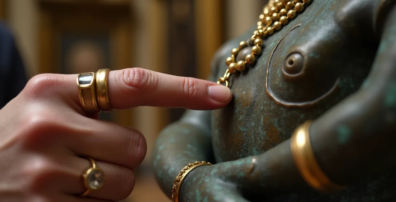 Collectionneurs élégants examinant une sculpture dans une galerie parisienne historique