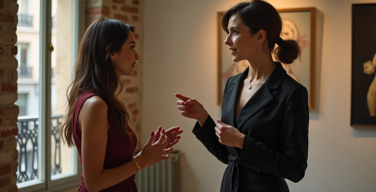 Vue d'une galerie d'art contemporain dans le quartier du Marais avec des collectionneuses observant des œuvres