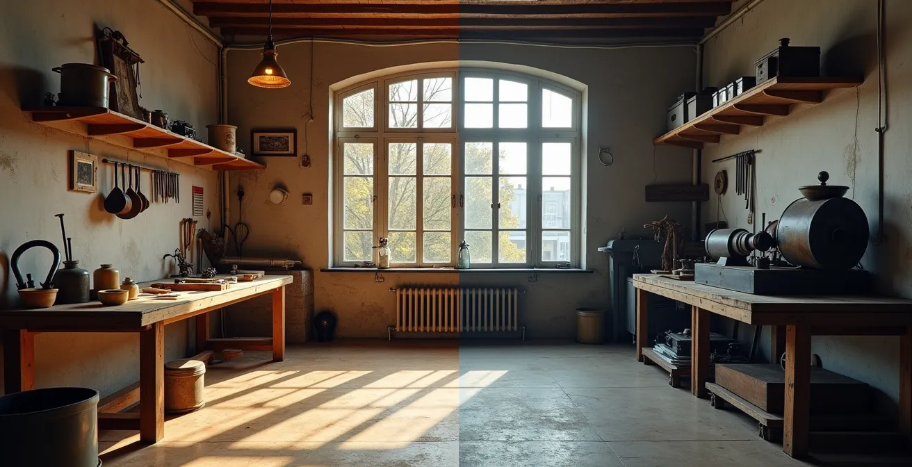 Vue comparative entre un atelier artisanal traditionnel et une chaîne de production moderne