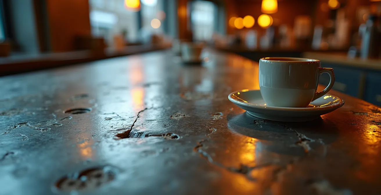 Détail macro d'un comptoir en zinc patiné d'un vieux bistrot parisien