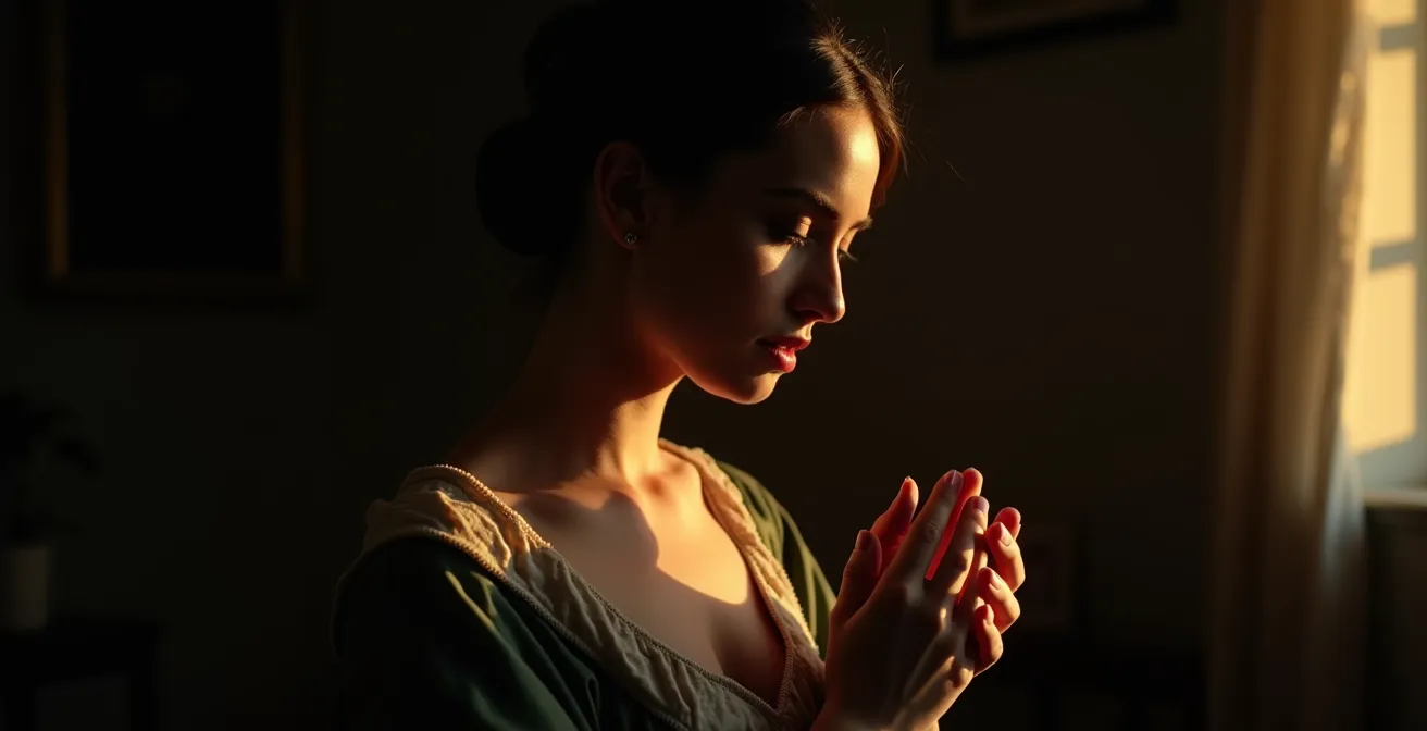 Jeu de lumière contrasté entre ombre profonde et éclairage doré dans un intérieur