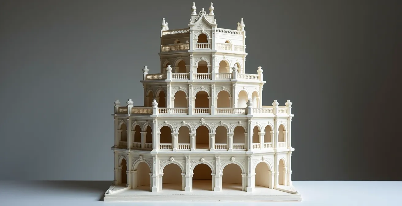 Vue en coupe d'un immeuble haussmannien montrant la hiérarchie des moulures selon les étages