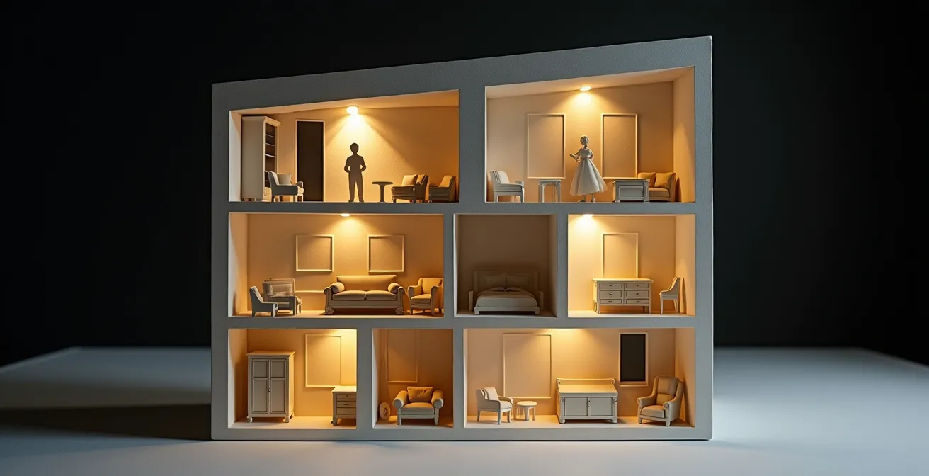 Coupe architecturale d'un immeuble haussmannien montrant la hiérarchie des étages avec leurs différentes hauteurs sous plafond