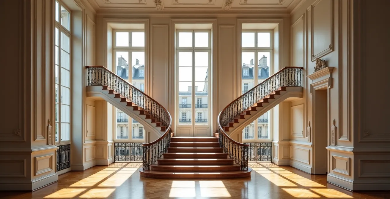 Coupe architecturale d'un immeuble haussmannien montrant la hiérarchie des étages du commerce au rez-de-chaussée aux chambres de bonne sous les toits