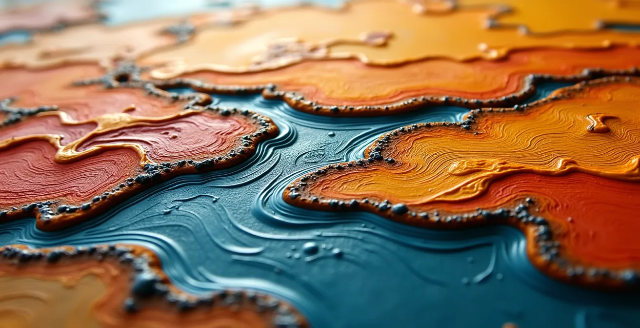 Gros plan extrême sur texture de peinture à l'huile avec empâtements visibles