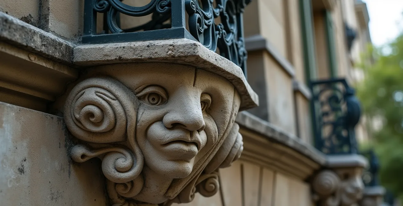 Gros plan sur les détails sculptés d'une façade haussmannienne avec mascarons et ferronneries