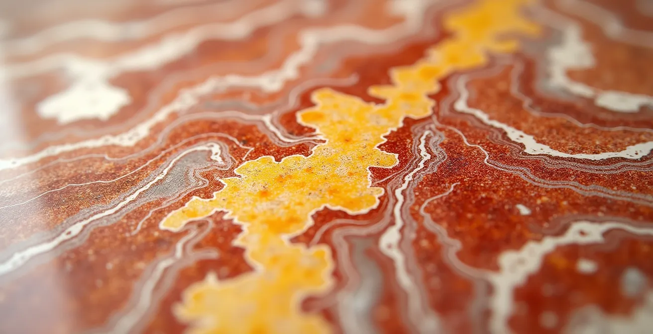 Détail en gros plan des veines rouges et jaunes du marbre Sarrancolin sur une cheminée