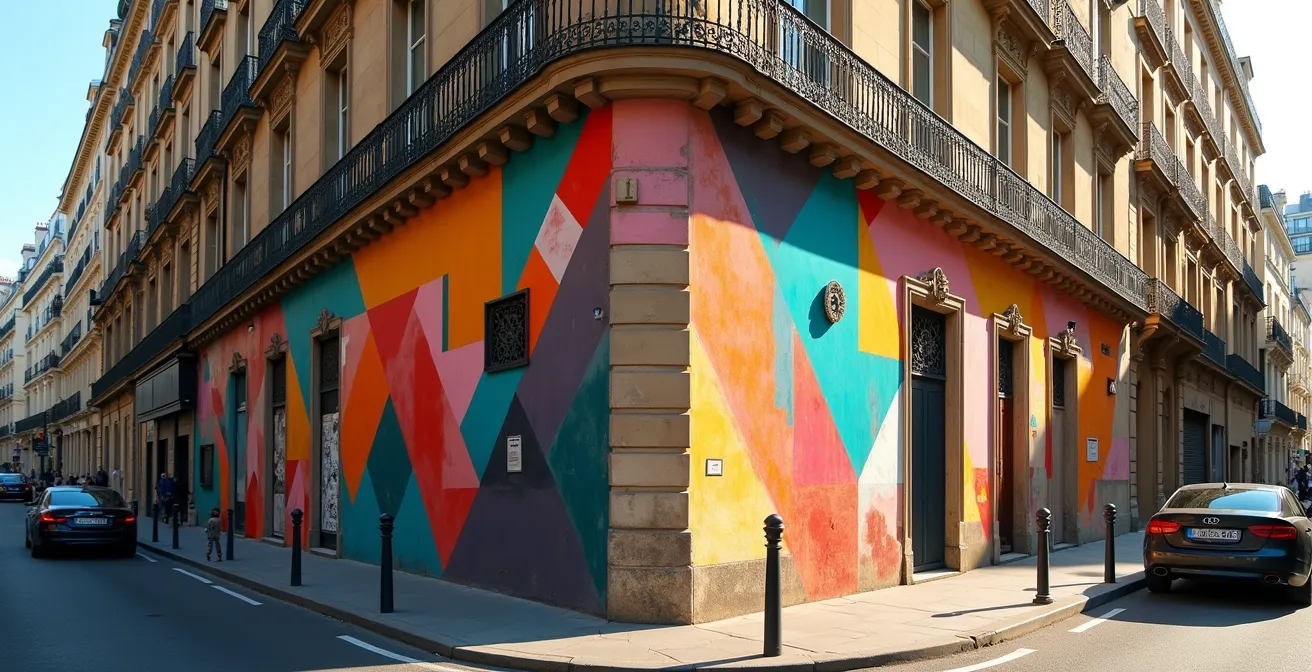 Fresque contemporaine colorée sur un mur ancien avec détails architecturaux parisiens