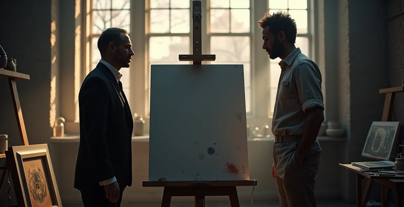 Rencontre symbolique entre un galeriste et un artiste dans un atelier parisien historique