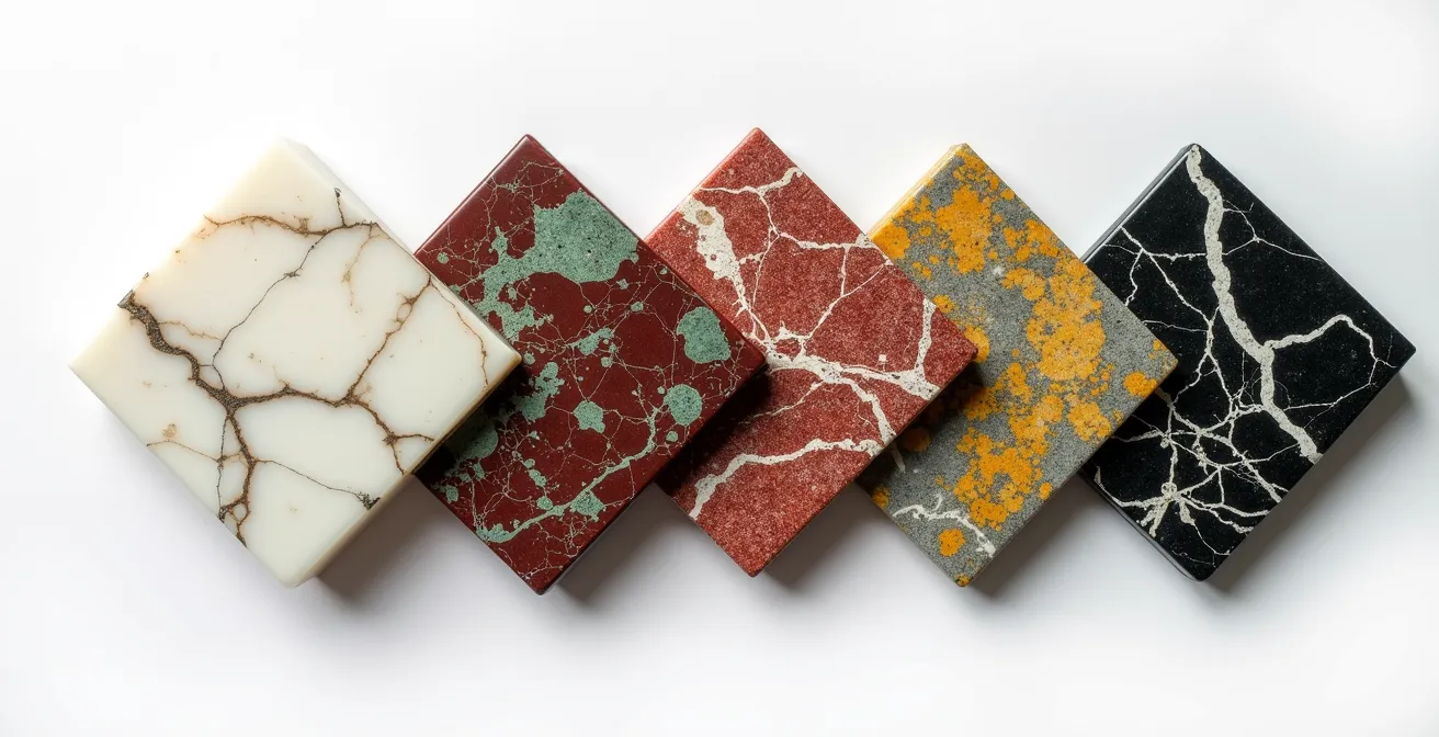 Détail macro des veinages de différents marbres utilisés dans les cheminées parisiennes