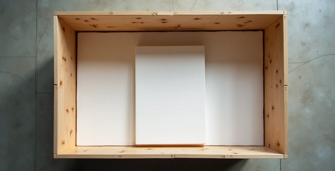 Vue en plongée d'une caisse de transport climatisée ouverte contenant un tableau protégé