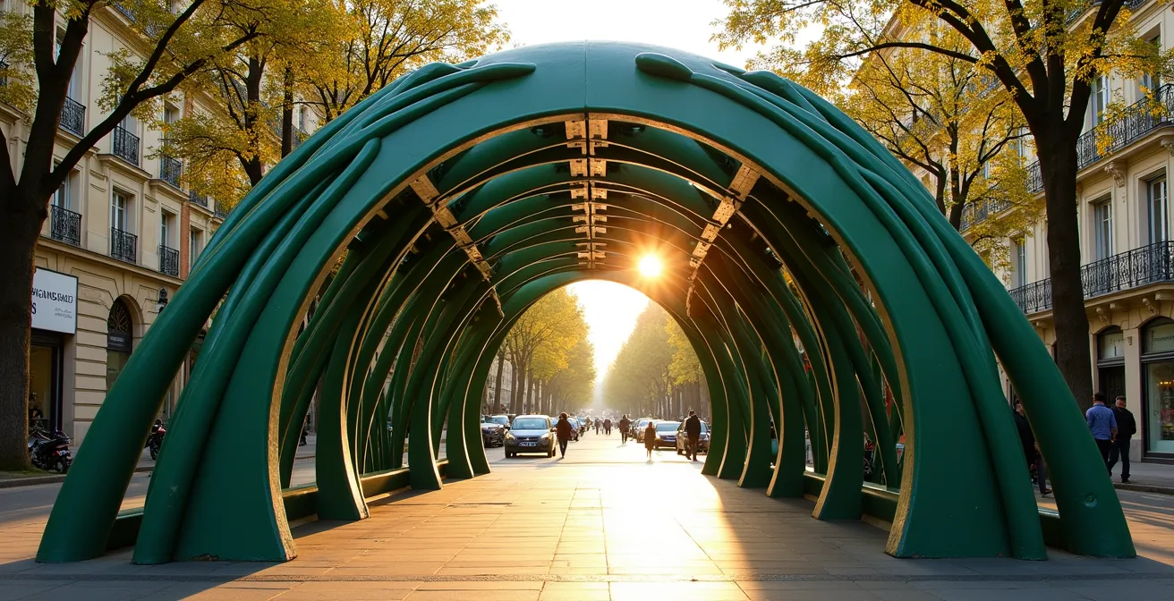 Entrée de métro Art Nouveau de style Guimard avec ses formes végétales caractéristiques