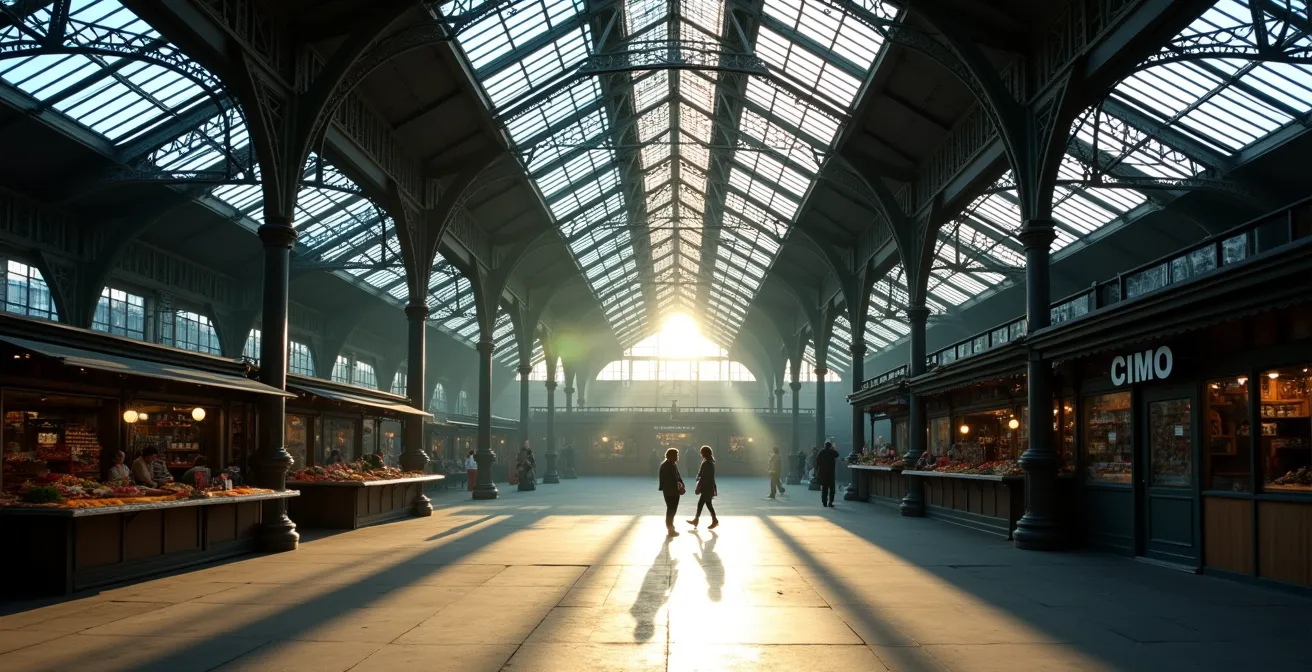 Vue large d'une halle couverte parisienne historique avec sa structure métallique caractéristique