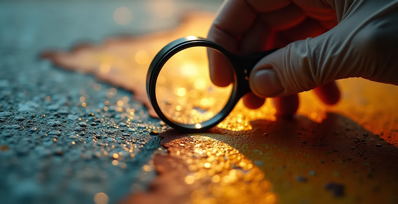 Main d'expert examinant une signature d'artiste à la loupe sur une toile