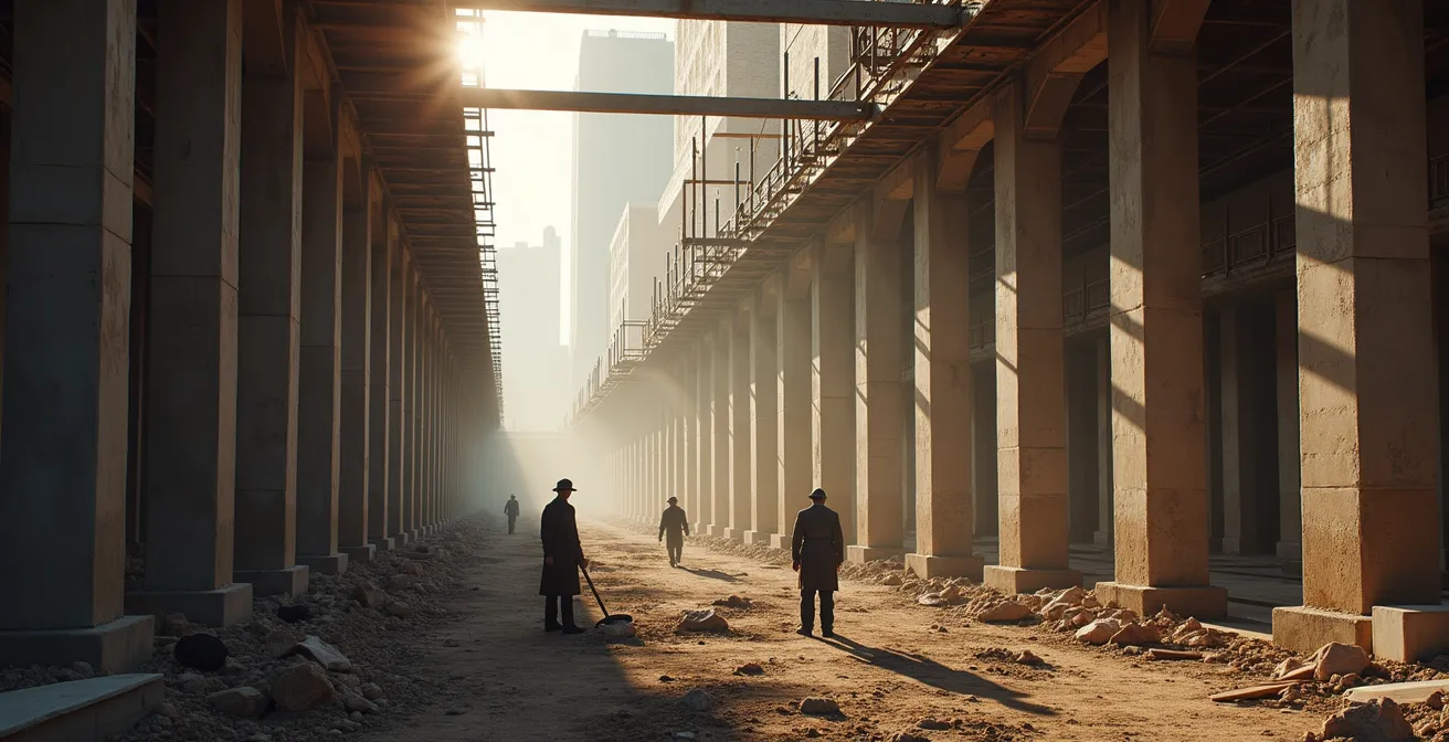 Vue panoramique du chantier de construction des palais de l'Exposition Universelle de 1900 avec structures métalliques et pierre de taille