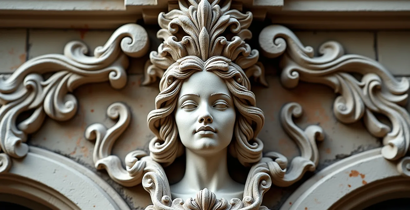 Détail d'une façade Art Nouveau montrant une figure féminine stylisée entrelacée avec des motifs floraux