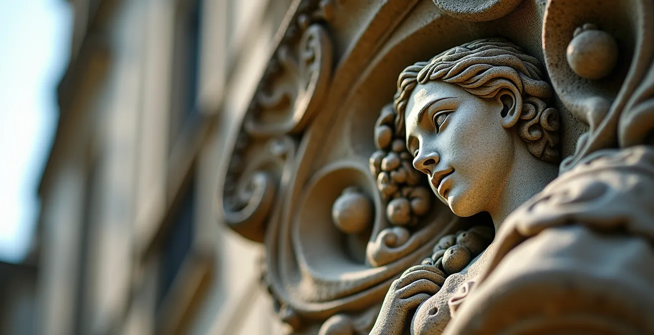 Détail sculpté d'une figure féminine aux cheveux ondulants sur façade Art Nouveau