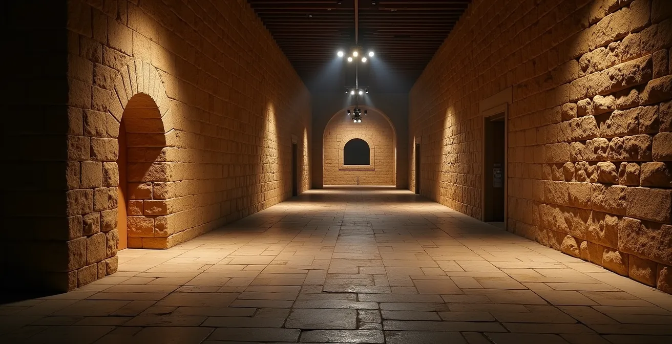 Les vestiges des douves médiévales du Louvre éclairés dramatiquement dans les sous-sols