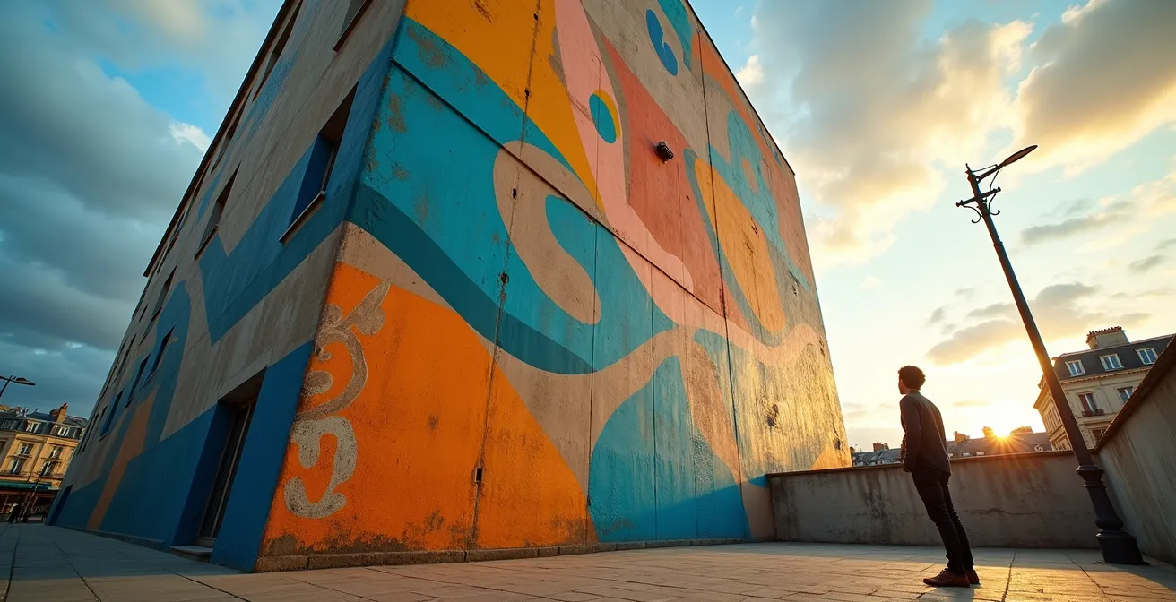 Vue en contre-plongée d'une fresque murale géante colorée sur un immeuble du 13e arrondissement de Paris