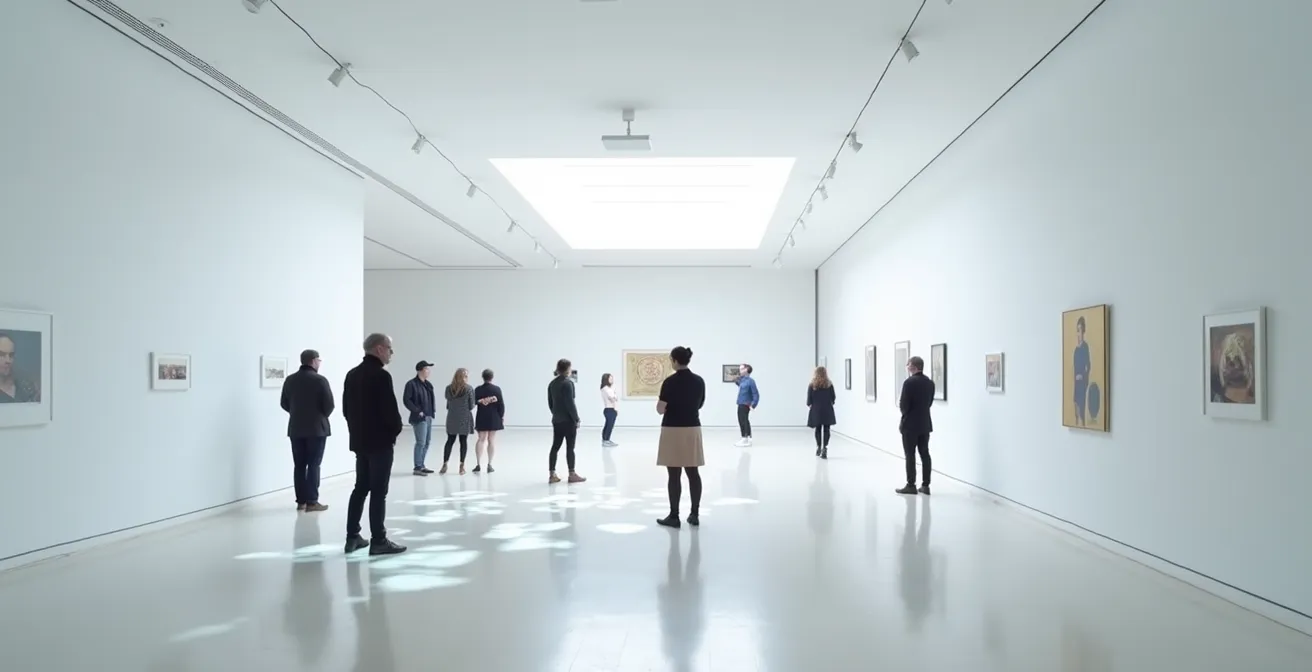 Vue minimaliste d'une galerie d'art parisienne moderne intégrant harmonieusement espaces physiques et éléments digitaux