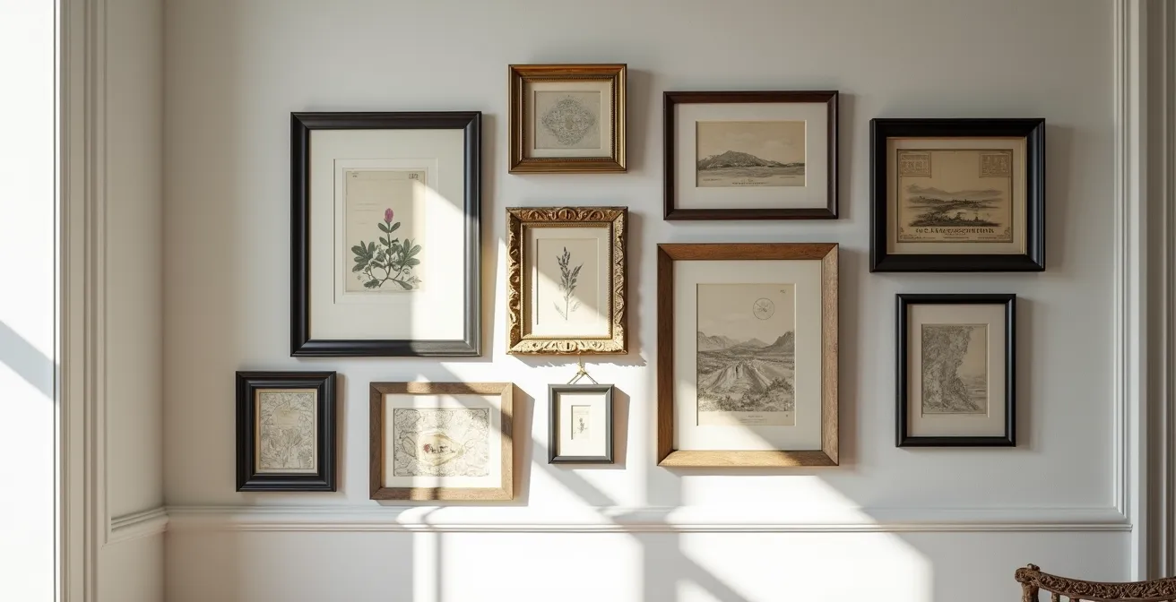 Mur de cadres mixtes dans un appartement parisien avec compositions variées