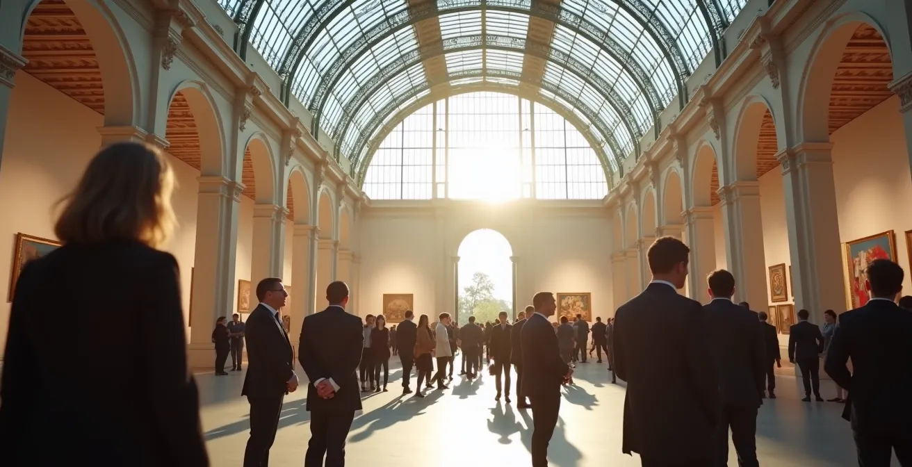 Intérieur du Grand Palais restauré avec visiteurs contemplant des œuvres d'art contemporain