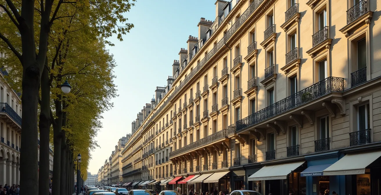 Alignement parfait de façades haussmaniennes illustrant les règles d'urbanisme parisiennes