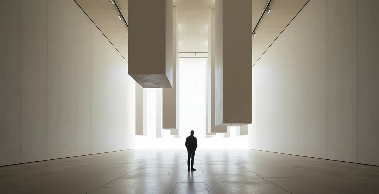 Vue perspective d'une installation d'art contemporain monumentale dans un espace muséal