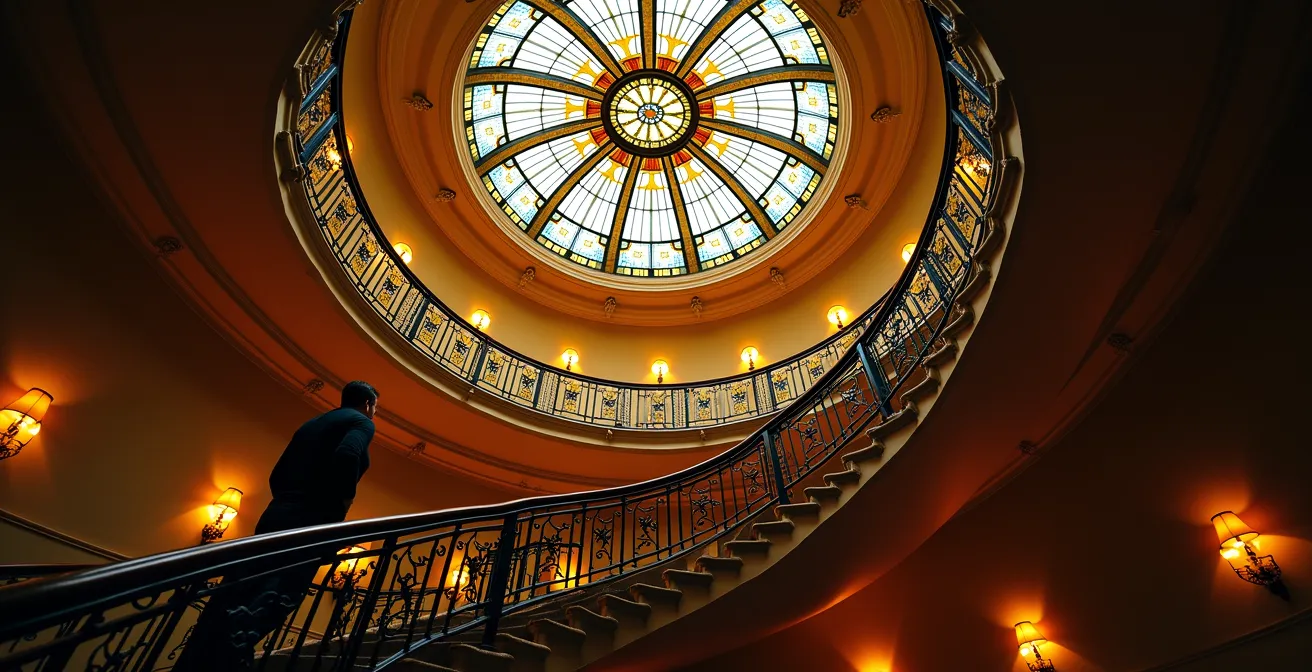 Escalier Art Nouveau avec rampe en fer forgé et verrière colorée dans un immeuble parisien