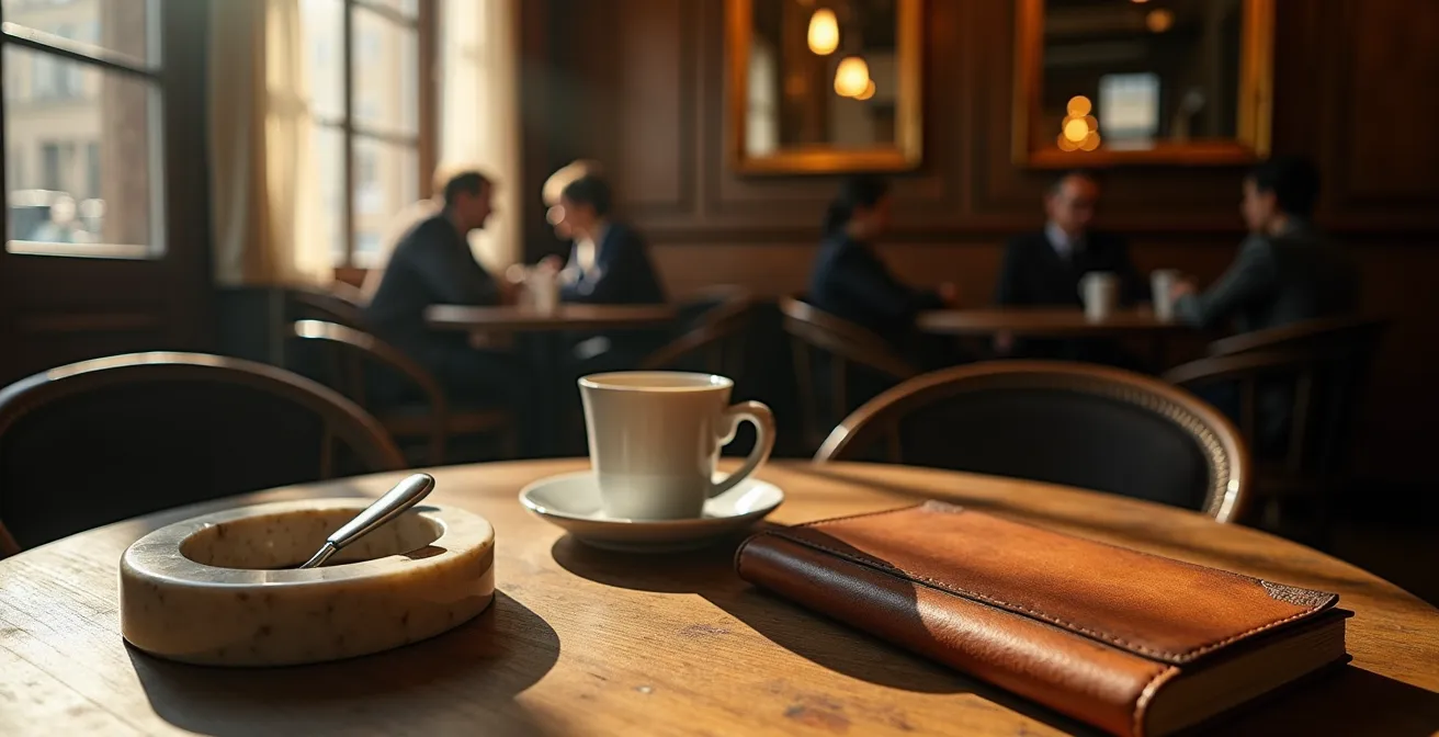 Intérieur atmosphérique d'un café parisien des années 1950 avec mobilier d'époque