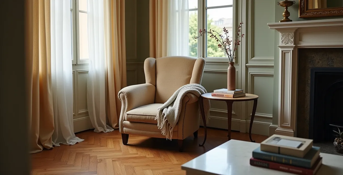 Intérieur parisien authentique avec parquet ancien, moulures et lumière filtrée par des voilages
