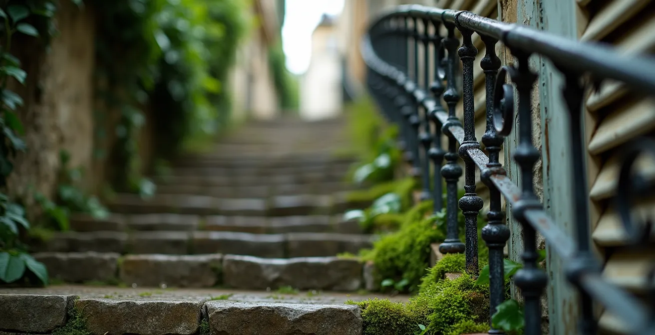 Passage secret de Montmartre avec escaliers ombragés et végétation luxuriante