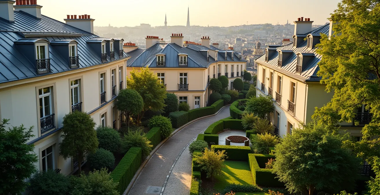Vue aérienne des jardins cachés de la Villa Léandre à Montmartre avec ses façades Art Déco