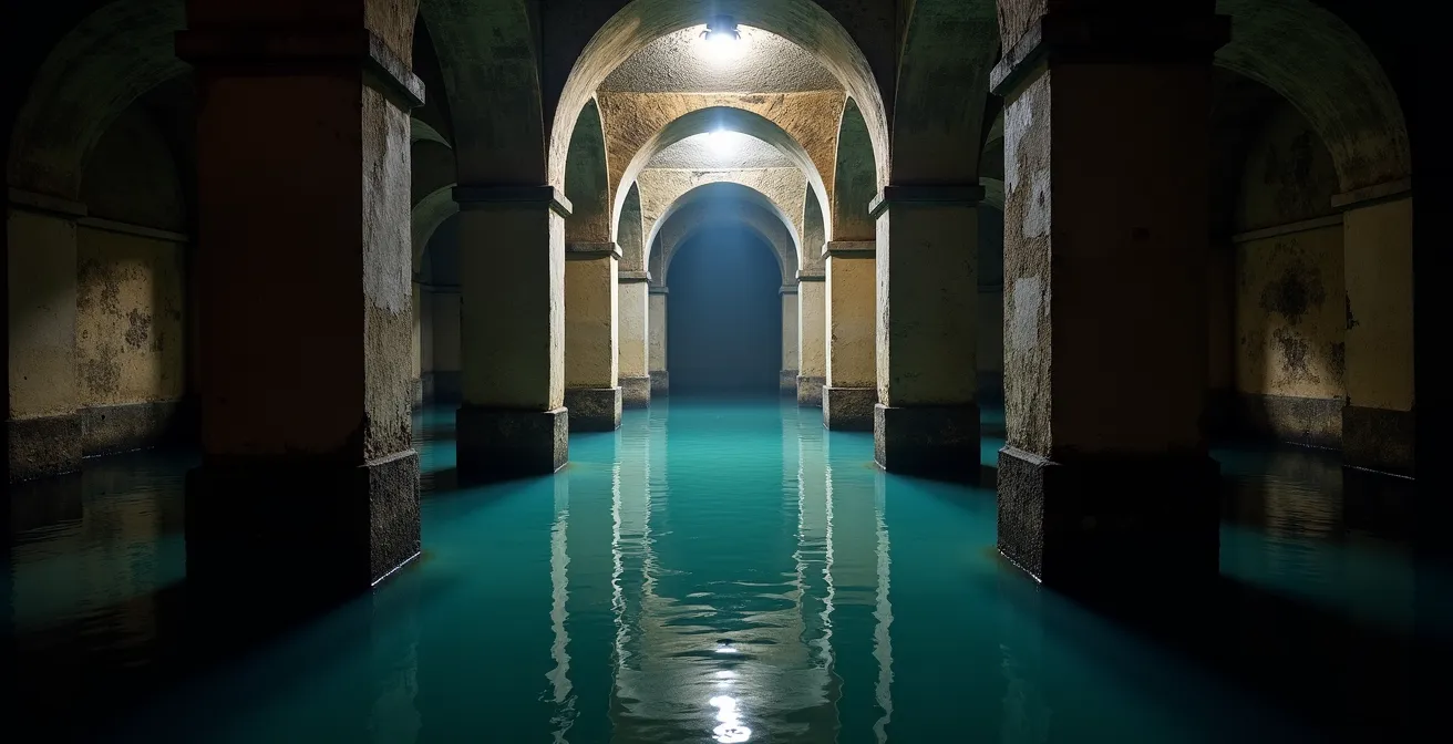 Vue atmosphérique du lac souterrain sous l'Opéra Garnier avec reflets et ombres mystérieuses