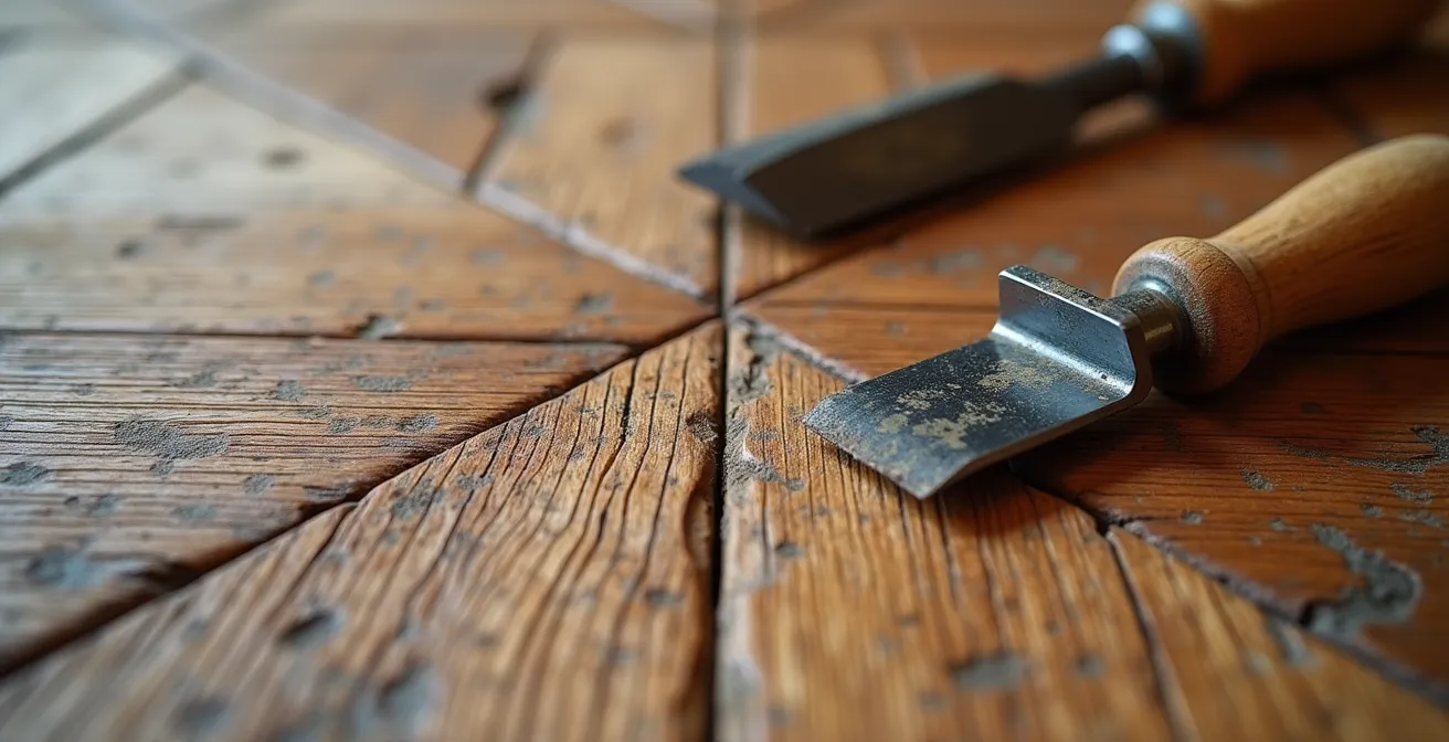 Gros plan sur le remplacement d'une lame de parquet ancien avec outils traditionnels