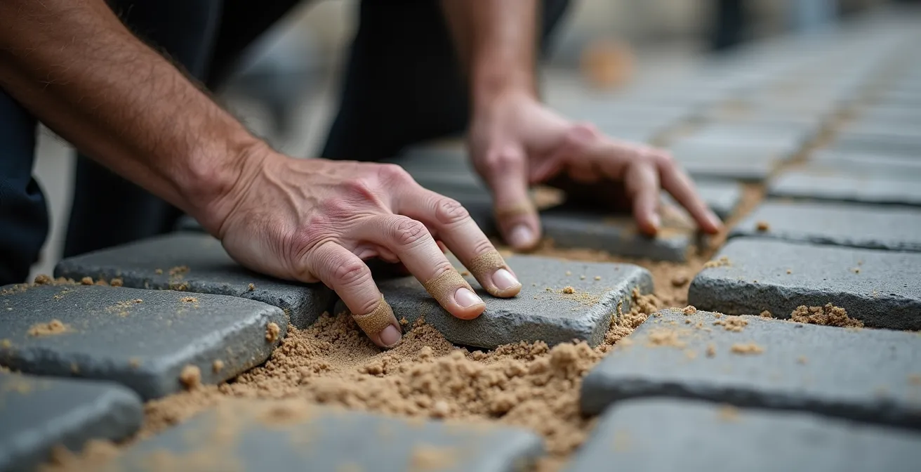 Gros plan sur les mains d'un paveur posant des pavés de grès dans une rue parisienne