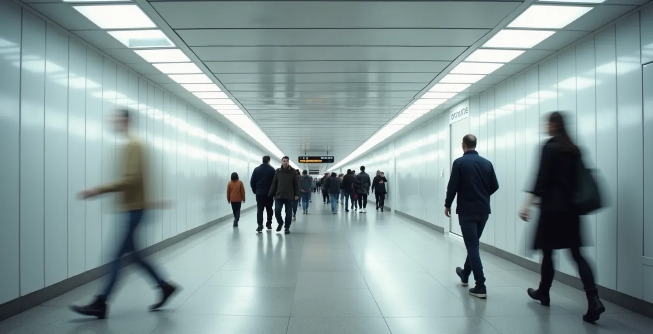 Passage souterrain lumineux du métro vers le Carrousel du Louvre avec visiteurs en mouvement