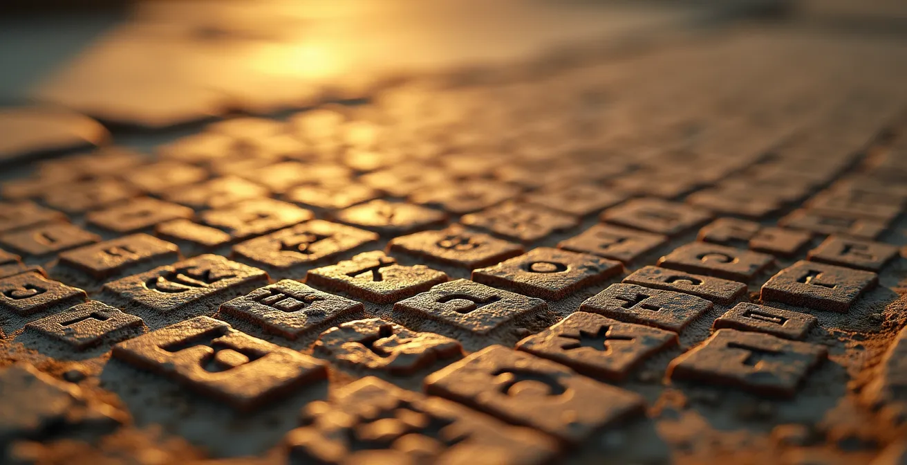 Vue macro détaillée de hiéroglyphes gravés sur pierre ancienne avec jeux d'ombres dorées