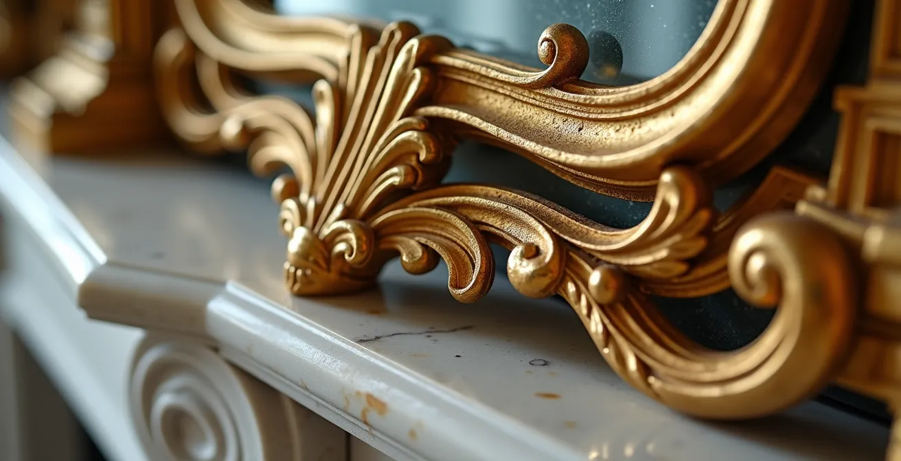 Grand miroir doré de style trumeau au-dessus d'une cheminée en marbre dans un salon parisien