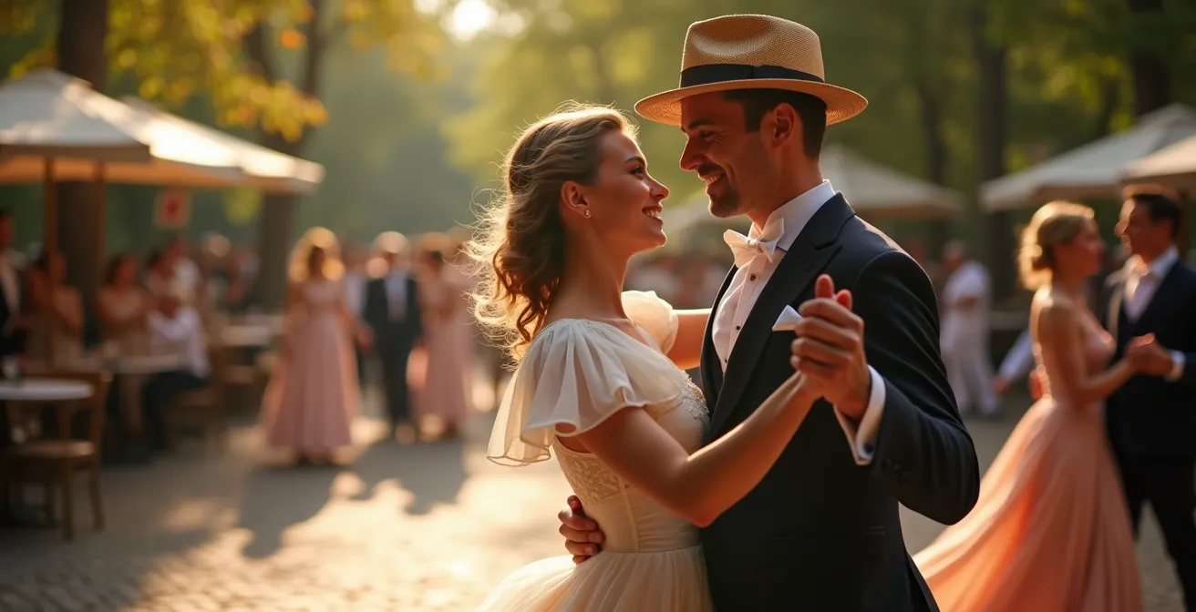 Scène de bal populaire en plein air avec danseurs sous la lumière filtrée des arbres