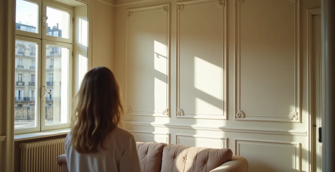 Moulures peintes en blanc cassé baignées de lumière naturelle dans un salon parisien