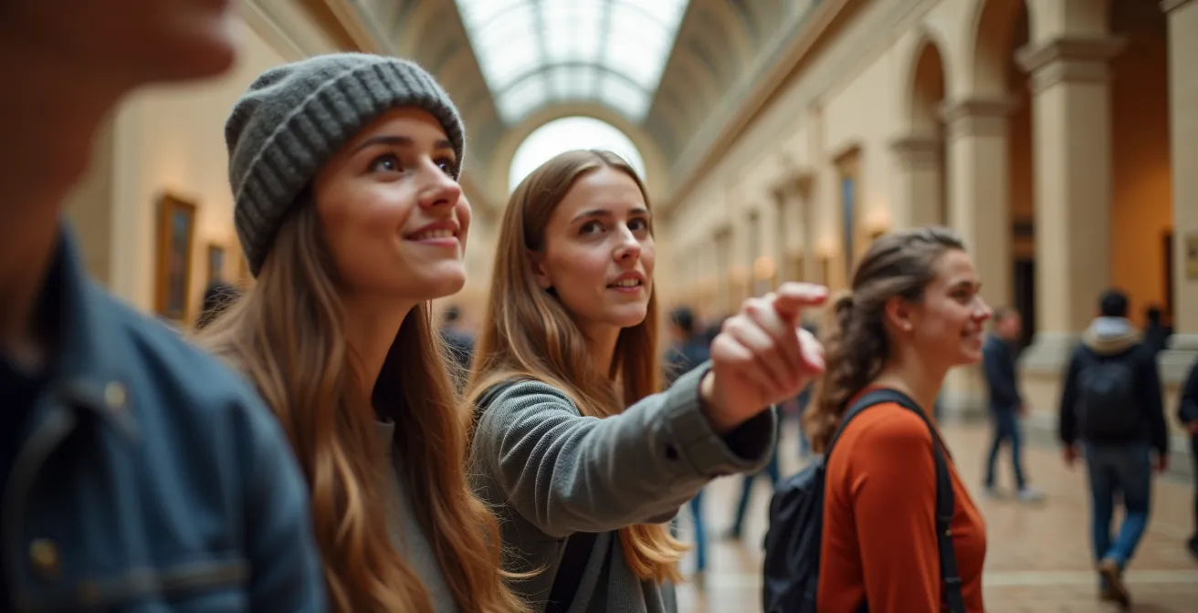 Jeunes visiteurs dans un musée parisien profitant de l'entrée gratuite